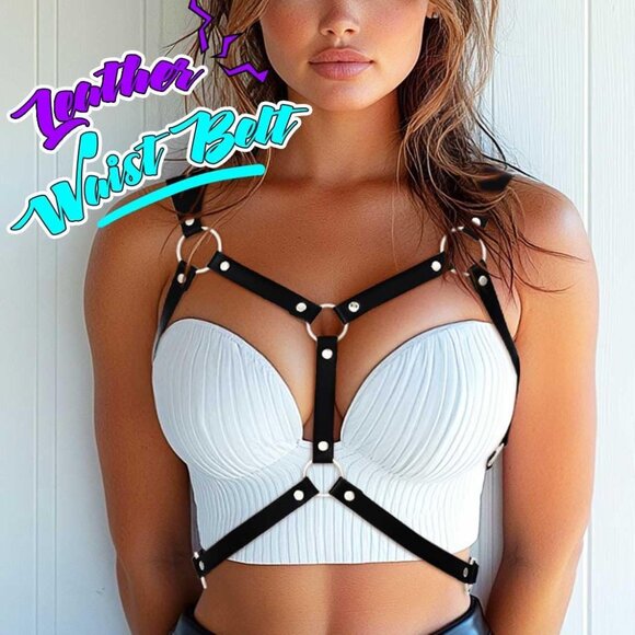 Leather Chest Harness Black Body Accessory Adjustable Rave Belt for Women - Picture 3 of 7